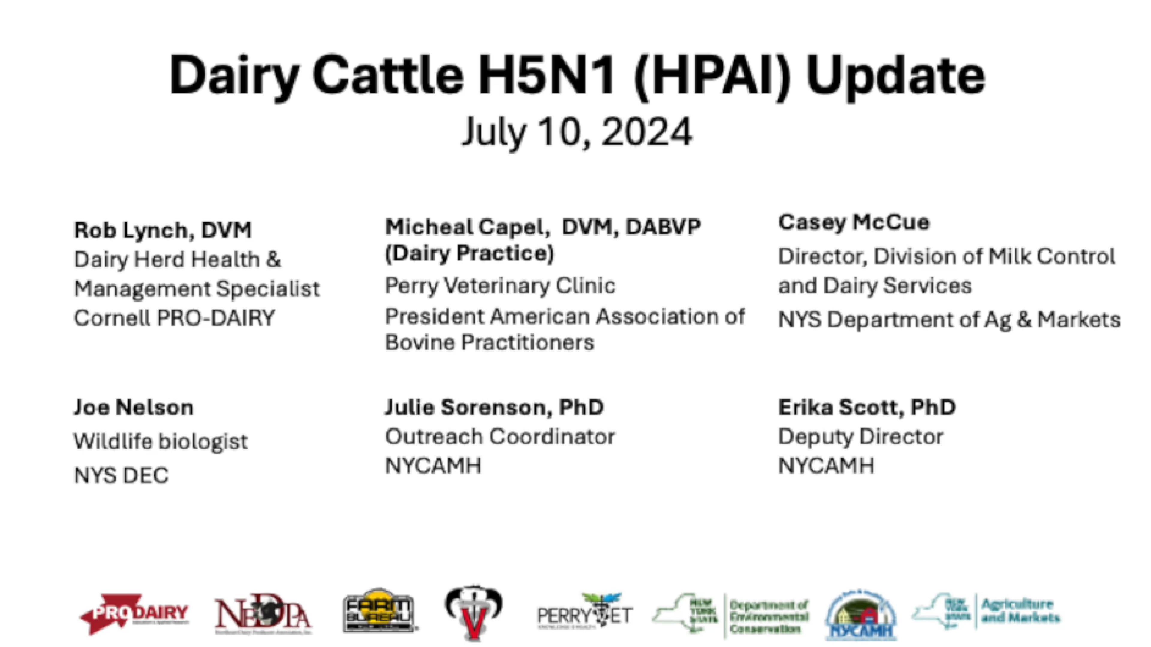 Title card for HPAI webinar hosted by Cornell CALS, featuring Drs. Sorensen and Scott